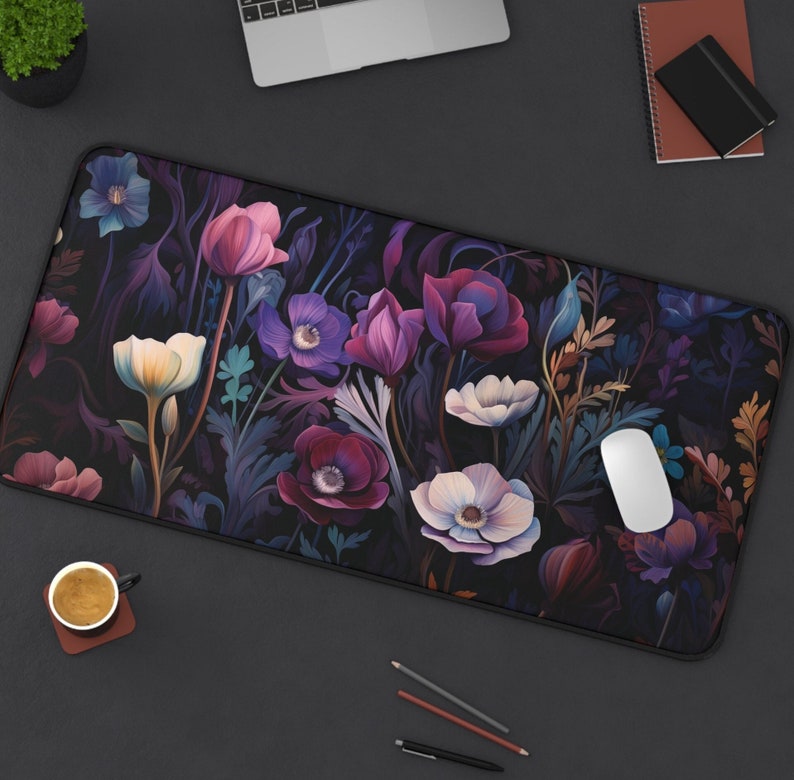 nouveau floral boho Desk Mat, cottage core mouse pad, Desk pad flowers, botanical desk accessories, boho, teal, purple, magenta, rose office 15.5" × 31"