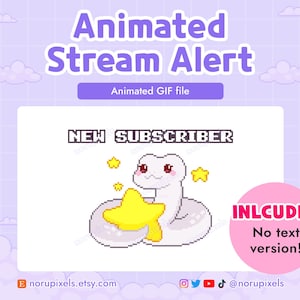 以下が含まれることがあります： 「NEW SUBSCRIBER」というテキストの上に、黄色の星を持った白いヘビがアニメーションで表示されています。GIFには、ヘビと星のないテキストバージョンが含まれています。