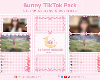 Puede incluir: Paquete de pantallas y superposiciones Bunny TikTok Pack rosa. El diseño presenta un patrón de cuadros rosas, lazos y un personaje de conejito en una luna creciente. El texto "Stream Ending" es visible. También es visible el nombre de la tienda Etsy.