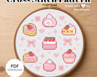 Sweet Strawberry Shortcake Cross stitch Pattern | Kawaii Pink Xstitch Chart PDF
