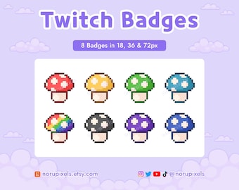 Mushroom Twitch Sub Badges | Pixel Art Forest Cottagecore Bit Badges for Streamers