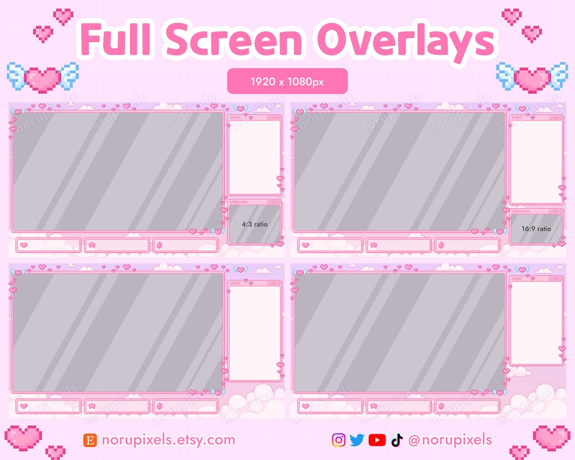 Customizeble Overlays Kawaii Heart Stream Overlay Set for Twitch | Valentines Twitch Stream ...