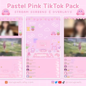 Puede incluir: Un paquete de TikTok rosa pastel con pantallas de transmisión y superposiciones. El diseño presenta un esquema de color rosa con personajes pixelados, corazones y otros elementos lindos. El texto "Pastel Pink TikTok Pack" está en la parte superior.