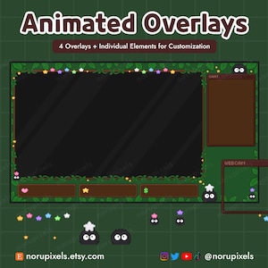 May include: Animated overlays with a dark green background. The design includes a large central screen, a chat box, and a webcam frame, all framed with leaves and colorful stars. The text "Animated Overlays" is at the top, with the Etsy shop URL at the bottom.