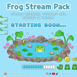 May include: A pixel art illustration of a frog stream pack with a pond, lily pads, and frogs. The text "Frog Stream Pack" is at the top of the image. The text "Stream Screens, Overlay Set, Badges & Panels" is below the title. The text "Starting Soon..." is in the center of the image. The text "norupixels.etsy.com" is at the bottom of the image.