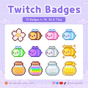 Może przedstawiać: Zestaw 12 odznak Twitch w stylu pixel art przedstawiający pszczoły, kwiaty i słoiki miodu w różnych kolorach. Odznaki są dostępne w rozmiarach 18, 36 i 72 pikseli.