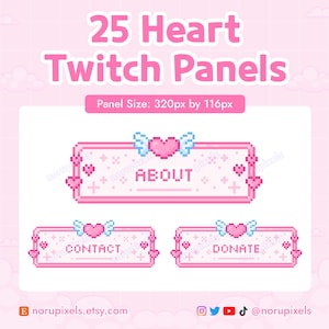Puede incluir: Paneles de Twitch de píxeles rosas con diseños de corazones y alas. Los paneles incluyen los botones "About", "Contact" y "Donate". El tamaño del panel es de 320px por 116px. El fondo es rosa claro con acentos de nubes.