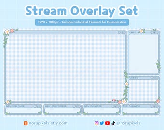 Blue Cottagecore Stream Overlay Set for Twitch | Floral Vine Customizable Overlay Vtuber friendly