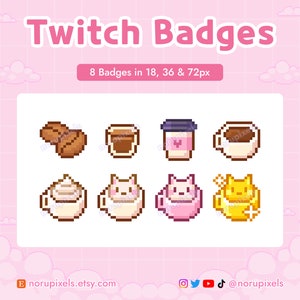 Cozy Pink Coffee Cat in Cup Pixel Twitch Sub Badges | Coffee bean Bit Badges |  Premade badges for Cozy Twitch streams