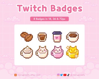 Mysig rosa kaffekatt i kopp Pixel Twitch Sub-märken | Kaffebönbitmärken | Färdiga märken för Cozy Twitch-streams