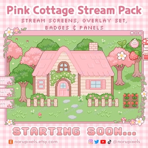 May include: A pink cottage with a green roof and white trim, surrounded by trees and flowers. The cottage has a brown door and windows. The text "STARTING SOON..." is at the bottom of the image. This is a digital illustration for a stream pack.