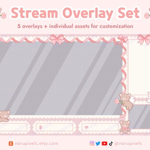 May include: A set of five pink and white stream overlays featuring cute cartoon bears and a cat. The overlays include a large frame with a ribbon border, a smaller frame, and three rectangular banners. The text "Stream Overlay Set" and "5 overlays + individual assets for customization" is included in the image.