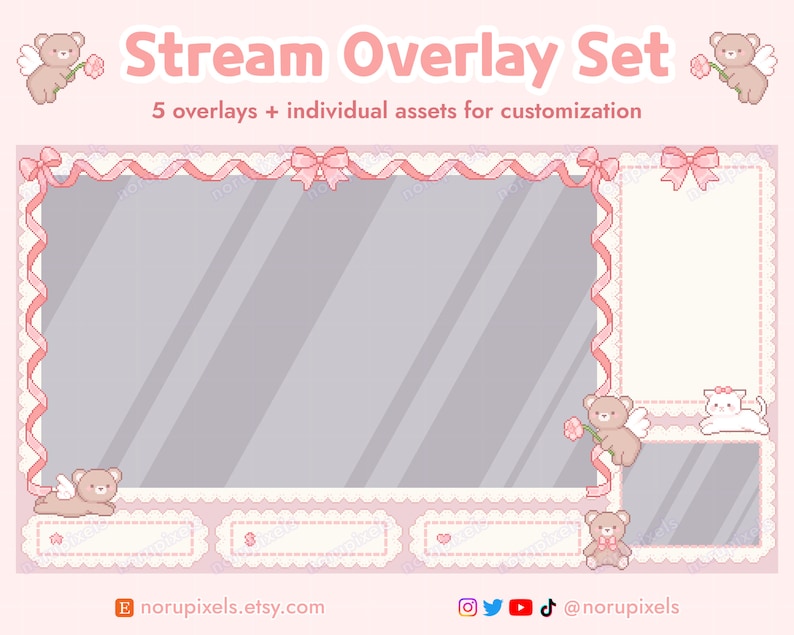 Customizeble Overlays Coquette Aesthetic Teddy Stream Overlay Set for Twitch | Coquette Bears ...