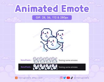 May include: Animated GIF of three white ghosts with pink cheeks, each with a different expression. The GIF is available in four sizes: 28, 56, 112, and 280 pixels. The text "NoruPixels: Testing some emotes" appears below the GIF.