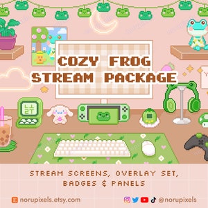 Cozy Frog Desk Twitch Stream Overlay Package | Cute Frog Animated stream screens, Badges, Panels | Vtuber Friendly