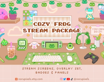 Cozy Frog Desk Twitch Stream Overlay Package | Cute Frog Animated stream screens, Badges, Panels | Vtuber Friendly