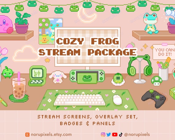 Cozy Frog Desk Twitch Stream Overlay Package | Cute Frog Animated stream screens, Badges, Panels | Vtuber Friendly