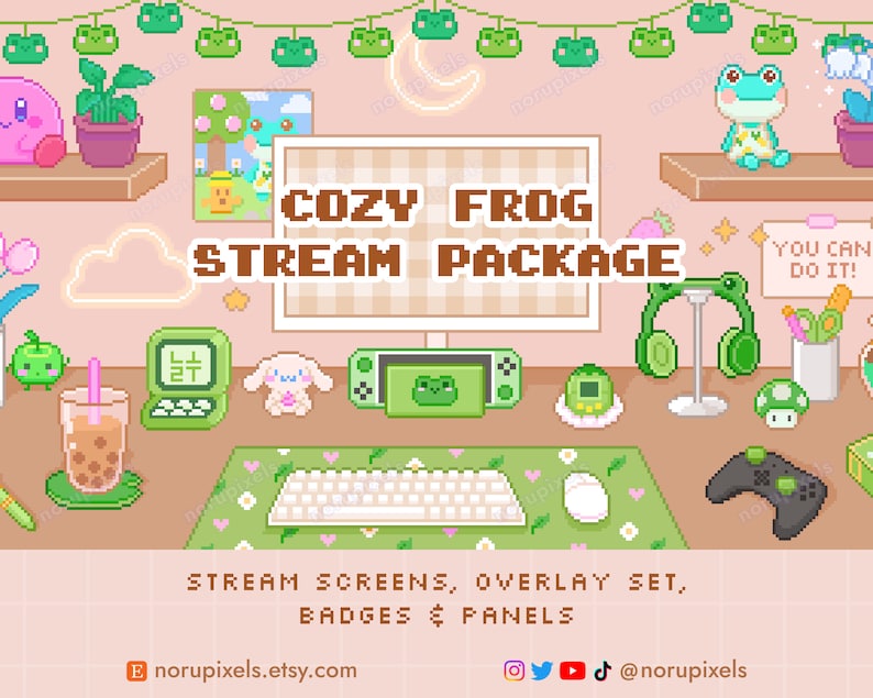 Cozy Frog Desk Twitch Stream Overlay Package | Cute Frog Animated stream screens, Badges, Panels | Vtuber Friendly