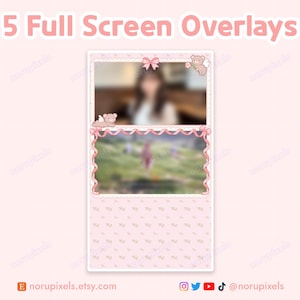 Puede incluir: Cinco superposiciones de pantalla completa en rosa y blanco con un dise&ntilde;o de oso de dibujos animados lindo. Las superposiciones presentan una cinta rosa, un lazo y un patr&oacute;n floral.