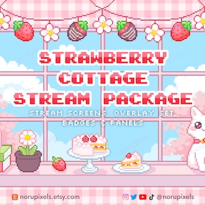 Könnte beinhalten: Eine digitale Illustration eines Strawberry Cottage Stream-Pakets. Das Bild zeigt ein Fenster mit einem rosa karierten Vorhang, eine weiße Katze und zwei Erdbeerkuchen auf Kuchentellern. Der Text "STRAWBERRY COTTAGE STREAM PACKAGE" ist in roten Buchstaben dargestellt. Der Text "STREAM SCREENS, OVERLAY SET, BADGES & PANELS" ist in schwarzen Buchstaben dargestellt.