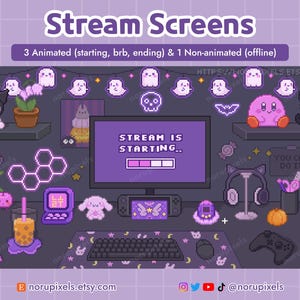 Peut inclure: Écran de stream en pixel art, sur un thème violet. L'image comprend un écran d'ordinateur affichant "Stream is Starting", ainsi que divers éléments animés et non animés tels que des fantômes et un chat. Le texte "Stream Screens" est en haut.