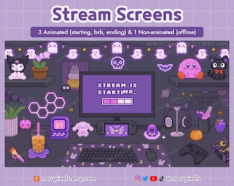 Animated Stream Screens Halloween Gamer Desk |  Kawaii Gothic Twitch Screen Setup Overlay