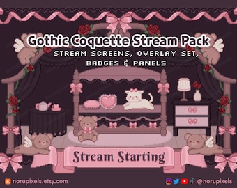 Gothic Coquette Twitch Stream Overlay Pack | Coquette Stream Scenes, Badges, Panels | Vtuber Friendly