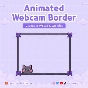 Può includere: Bordo animato per webcam con una cornice viola e nera e un adorabile gatto pixelato che spunta dal basso. Il bordo è disponibile in due dimensioni in file WEBM e GIF.