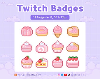 Kawaii Pink Bakery Twitch Sub Badges | Pixel Art Strawberry Dessert Bit Badges