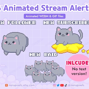 Animated Grey Cat Twitch Stream Alerts Pack | Cat Raid Stream Alert | Pixel Cat Stream Pack