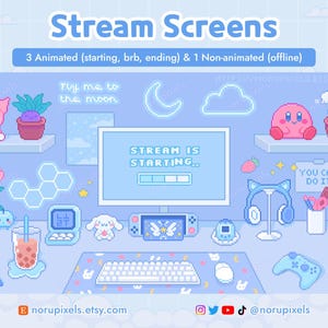 アニメーションストリームスクリーン カワイイブルーゲーマーデスク | 美的センスのあるキュートなTwitchスクリーンセットアップオーバーレイ | 8ビットピクセルアートストリームスクリーン