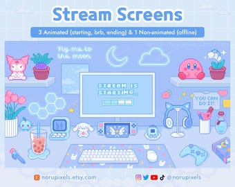 Animated Stream Screens Kawaii Blue Gamer Desk | Aesthetic Cute Twitch Screen Setup Overlay | 8 bit Pixel art stream screens