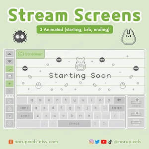 May include: A digital graphic set titled Stream Screens featuring three animated overlays. The main display shows a pixel art interface with the text Starting Soon, surrounded by small creature icons, leaves, and a keyboard layout.