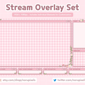 Könnte beinhalten: Ein rosa-weiß karierter Hintergrund mit einem Satz anpassbarer Stream-Overlays. Die Overlays sind im Stil eines Retro-Computerfensters mit floralen Akzenten. Die Overlays beinhalten Bereiche für Chat, Webcam, neuer Follower, neuer Abonnent, neuer Spender und Top-Spender.