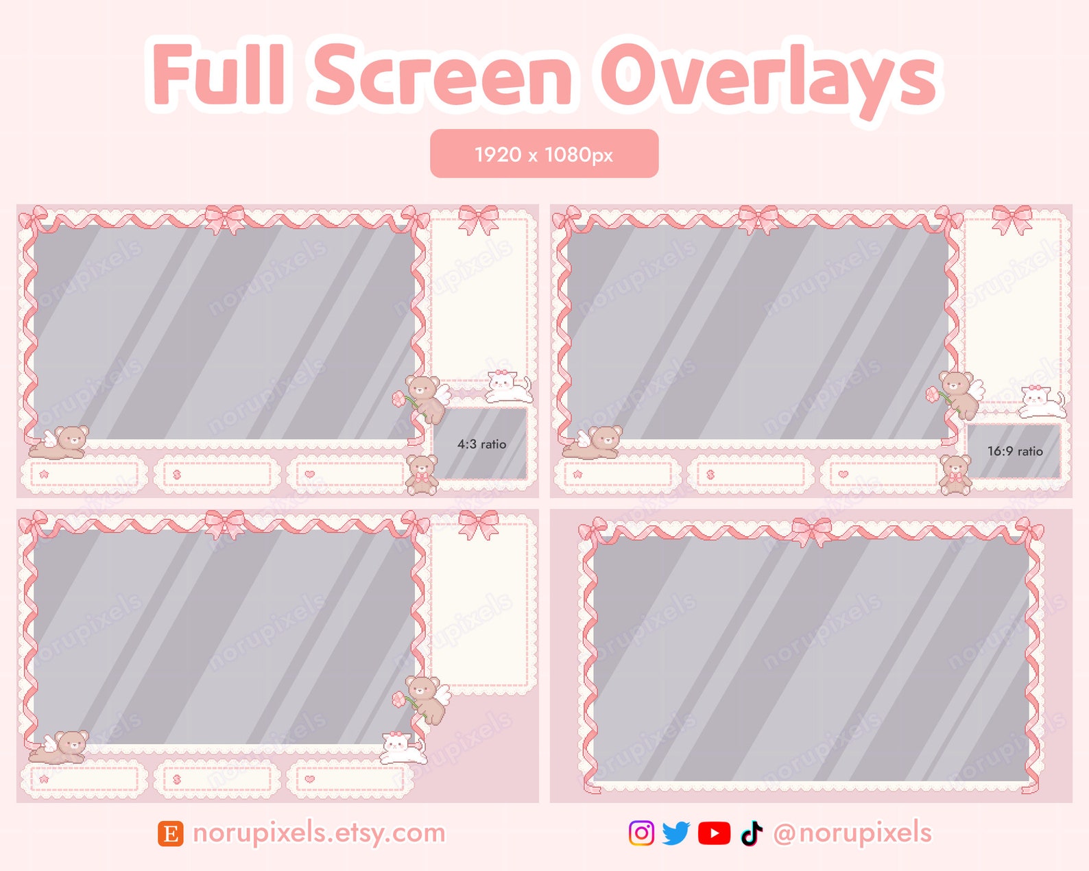 Customizeble Overlays Coquette Aesthetic Teddy Stream Overlay Set for Twitch | Coquette Bears ...