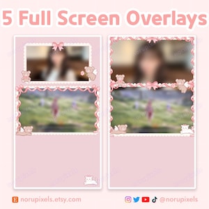 Puede incluir: Cinco superposiciones de pantalla completa de color rosa y blanco con un borde de encaje y osos de dibujos animados y un gato. Las superposiciones est&aacute;n dise&ntilde;adas para su uso en plataformas de streaming.