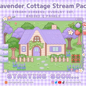 May include: A pixel art illustration of a lavender cottage stream pack. The illustration features a purple cottage with a yellow door and a green roof. The cottage is surrounded by lavender bushes, trees, and a fence. The text "STARTING SOON..." is displayed at the bottom of the image.
