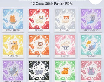Cat Zodiac Cross Stitch Pattern Bundle | 12 Horoscope Gift Xstitch Chart PDFs