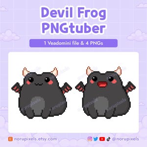 May include: A digital illustration featuring two pixelated devil frog characters. The frogs are dark gray with small horns, wings, and rosy cheeks. The image includes the text "Devil Frog PNGtuber" and "1 Veadomini file & 4 PNGs".