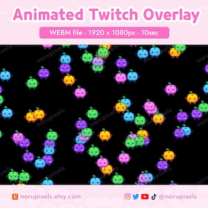 May include: Animated Twitch overlay featuring pixelated fruit characters in shades of green, blue, purple, and orange, set against a black backdrop. The overlay is a WEBM file, 1920 x 1080px resolution, and 10 seconds long.