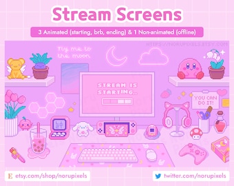 Animated Stream Screens Kawaii Pink Gamer Desk | Lofi Aesthetic Cute Twitch Screen Setup Overlay | 8 bit Pixel art stream screens