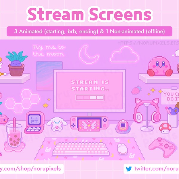 Animated Stream Screens Kawaii Pink Gamer Desk | Lofi Aesthetic Cute Twitch Screen Setup Overlay | 8 bit Pixel art stream screens