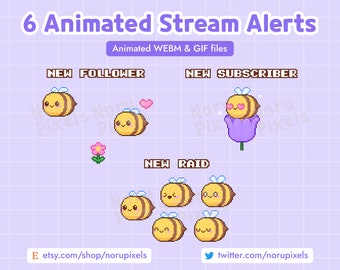 6 Animated Bee Twitch Stream Alerts Pack | Cute Pixel Bee Raid Stream Alerts | Bee Stream Pack