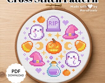 Kawaii Halloween Cross stitch Pattern | Cute Ghost Xstitch Chart PDF