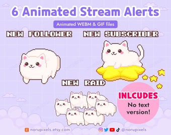 Pacote animado de alertas de transmissão do White Cat Twitch | Alerta de fluxo de ataque de gato | Pacote de fluxo Pixel Cat