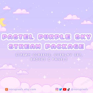 Könnte beinhalten: Pixelige digitale Grafik mit pastellviolettem Himmel-Thema. Der Text lautet "PASTEL PURPLE SKY STREAM PACKAGE" mit zusätzlichem Text darunter. Enthält Wolken, Sterne und einen Halbmond.
