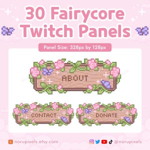 ピンクのフェアリーコアTwitchパネル、春の花柄ピクセルアートストリームパネル