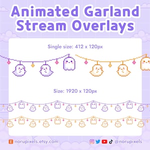 May include: Animated pixel art ghost garland stream overlay in purple, yellow, and pink. The garland is 1920 pixels wide and 120 pixels tall. The single size is 412 pixels wide and 120 pixels tall.