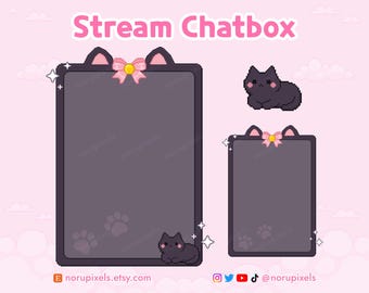 Kawaii Black Cat Chat Box Overlay, Pixel Art Neko Just Chatting Frame, Cute VTuber Stream Widget Background, Cat Ears Twitch UI