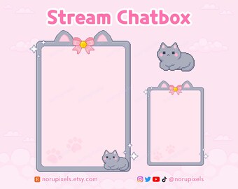 Kawaii Grey Cat Chat Box Overlay, Pastel Pink Neko Just Chatting Frame, Cute VTuber Stream Widget Background, Cat Ears Twitch UI